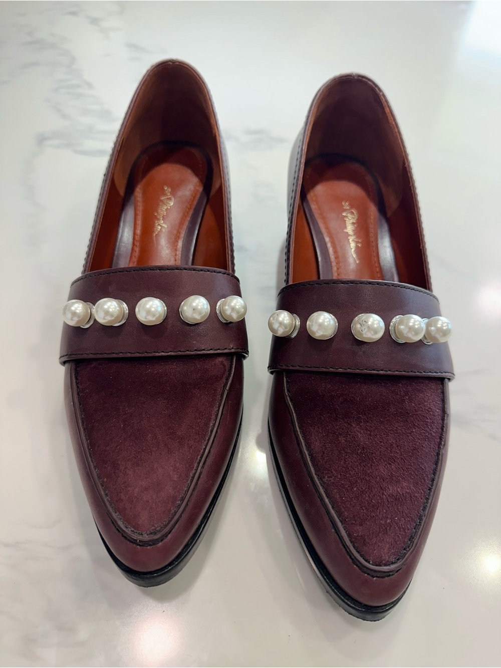 3.1 PHILLIP LIM WINN LOAFERS MALBEC MAROON LEATHER & PEARL ACCENTS W/SUEDE TOP 9 - Picture 16 of 16